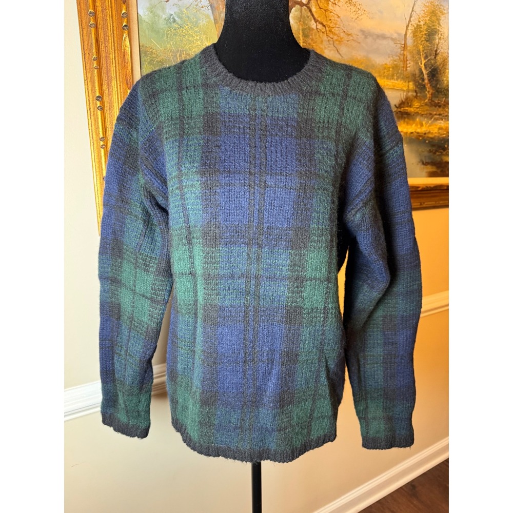 J.Crew Vintage Y2K 100% Wool Black Watch Plaid Crewneck Sweater XS Blue Green